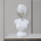SOGA 40cm White Classical Bust Sculpture Resin with Gold Striped Mask for Modern Home Décor