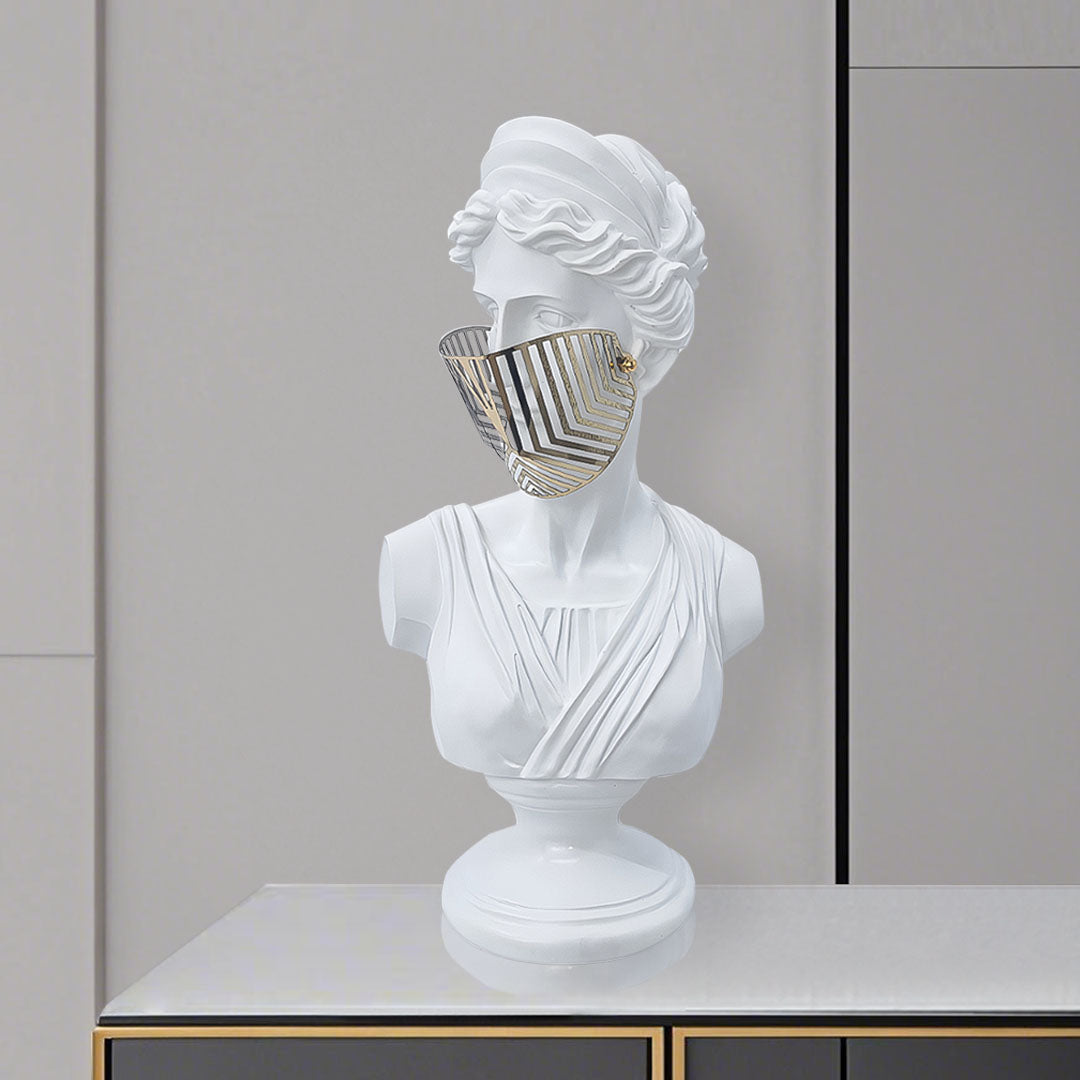 SOGA 40cm White Classical Bust Sculpture Resin with Gold Striped Mask for Modern Home Décor