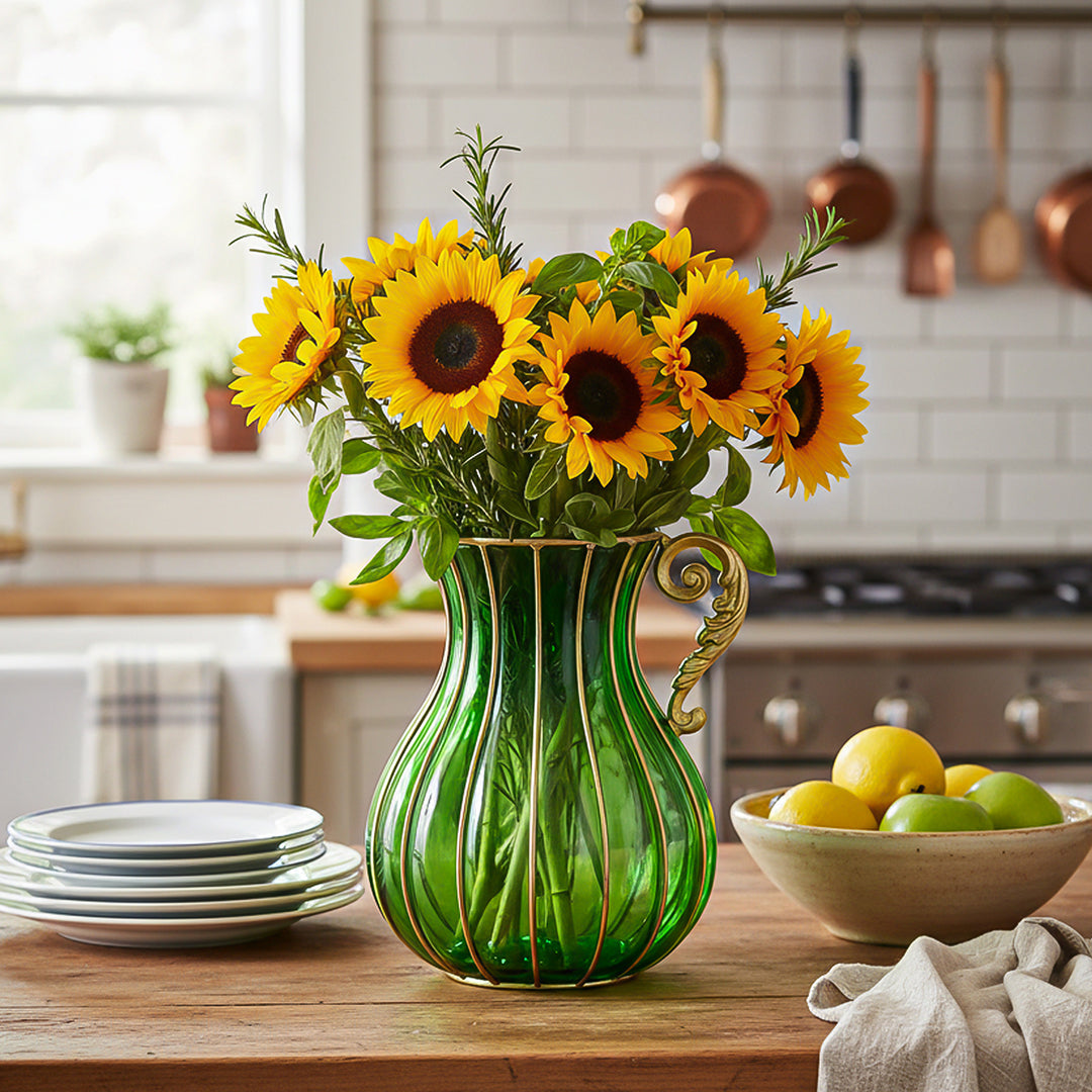 Green European Glass Flower Vase with Metal Handle