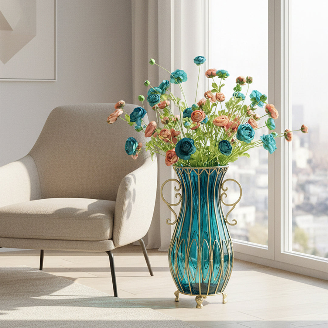 51cm Blue Glass Floor Vase with 12pcs Artificial Flower Set