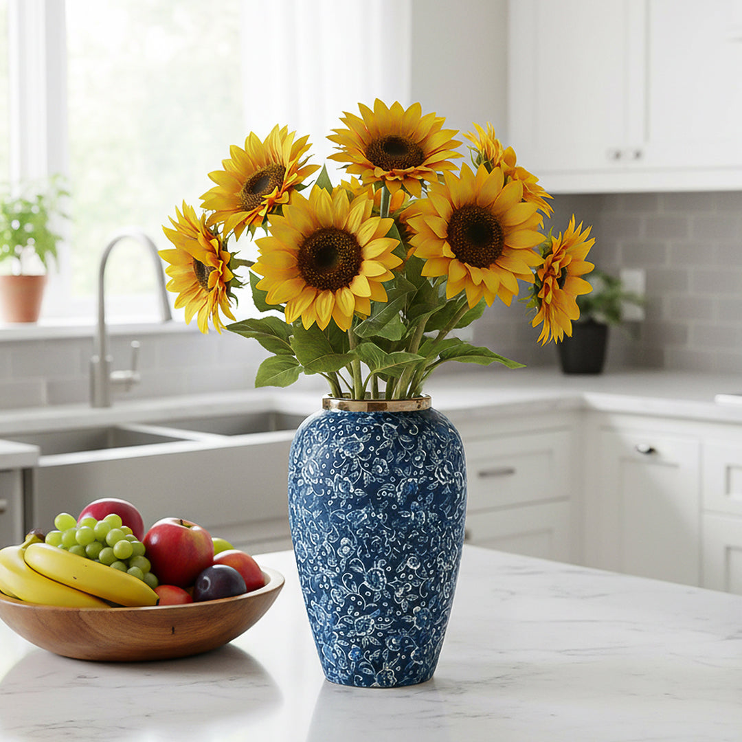 SOGA 30x19cm Blue with White Mini Floral Medium Ceramic Flower Vase Elegant Living Room Home Decor