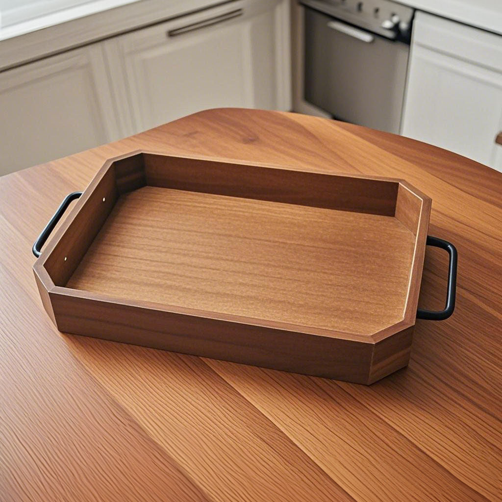 SOGA 39cm Brown Rectangle Wooden Serving Tray Metal Handles Kitchen
