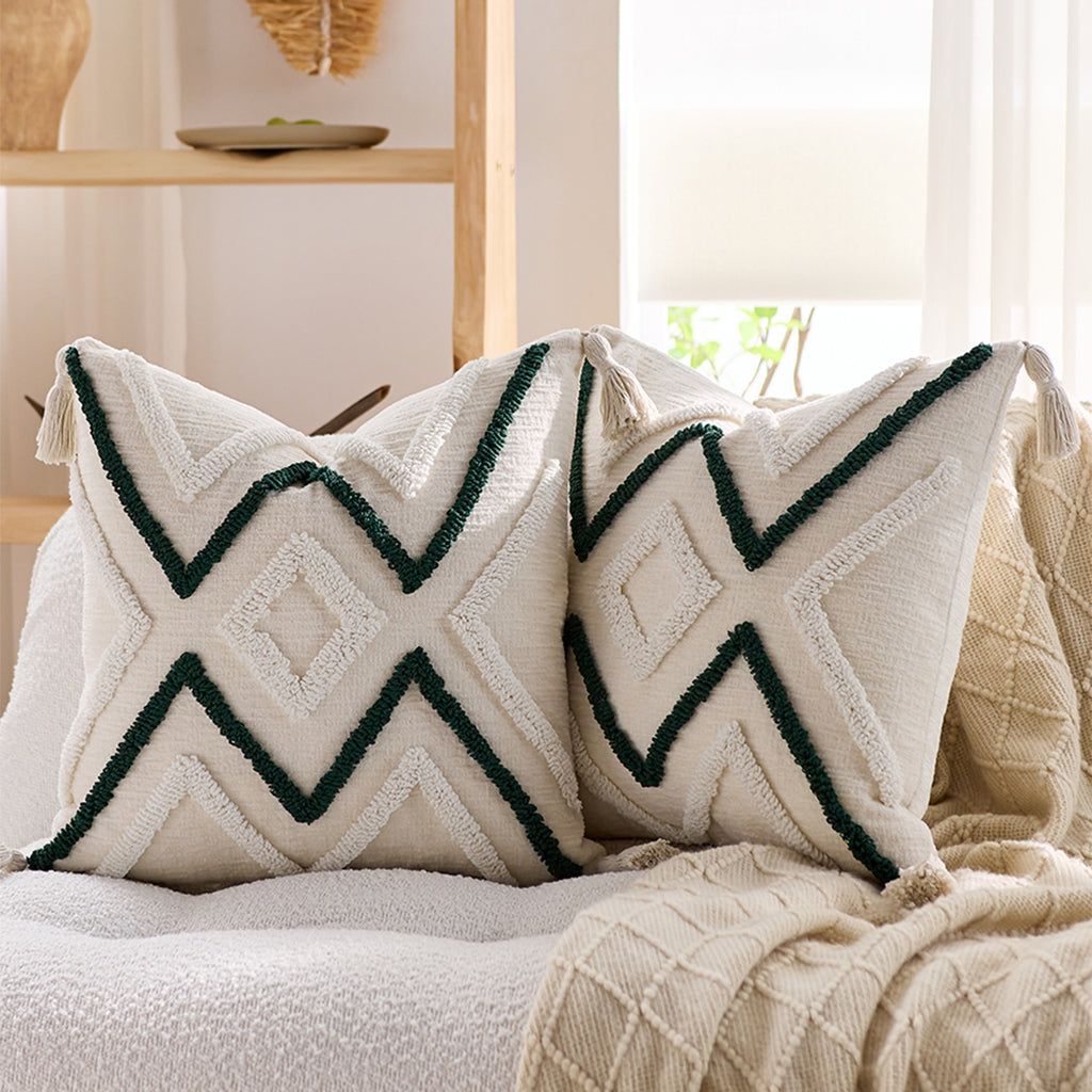 SOGA Boho Tufted Cushion 45cm Tassel Beige Green Geometric Chevron Throw Pillow