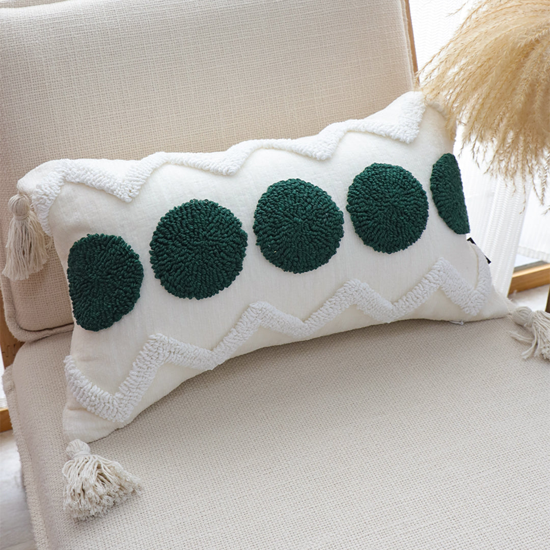 SOGA 30cm Cream Green Circle Pom Chevron Tassel Decorative Pillow