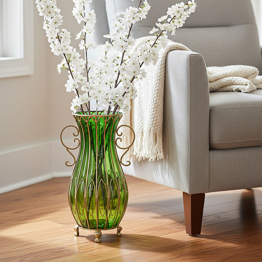 51cm Green Glass Floor Vase with Metal Stand