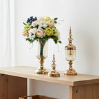 2x Clear Gold Glass Vase with Lid and White Flower Set