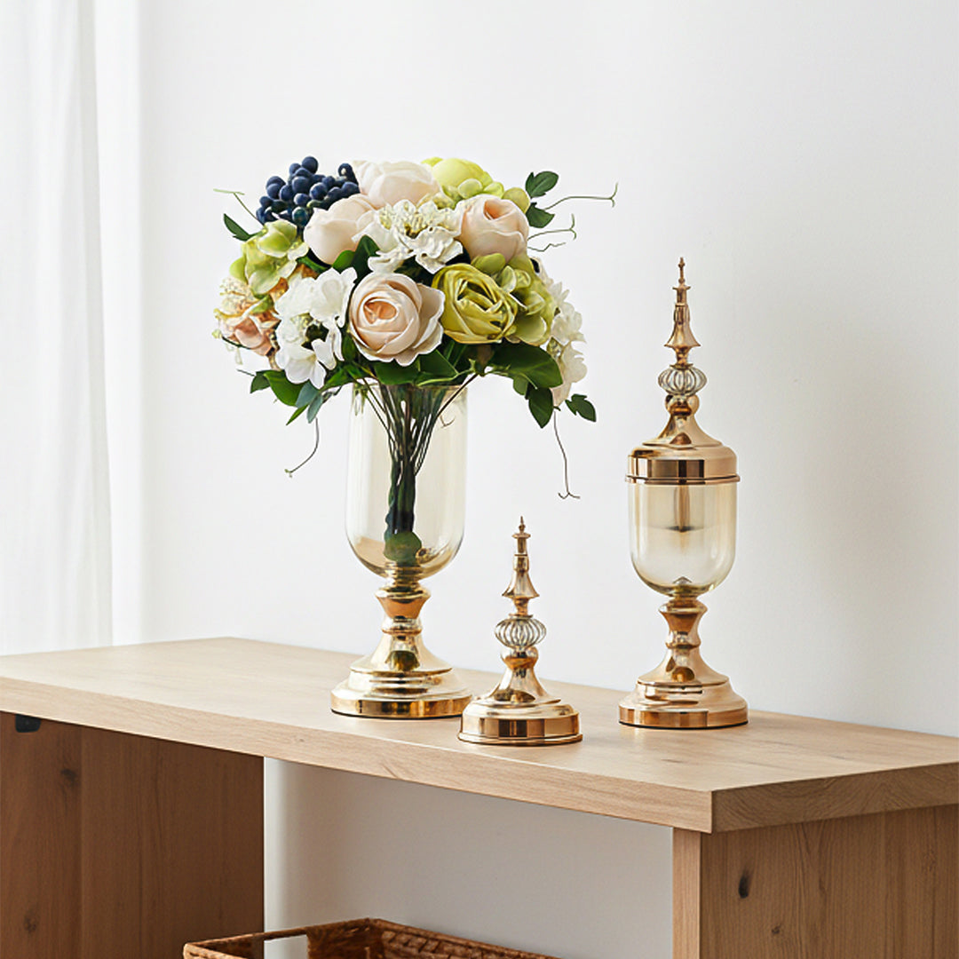 2x Clear Gold Glass Vase with Lid and White Flower Set
