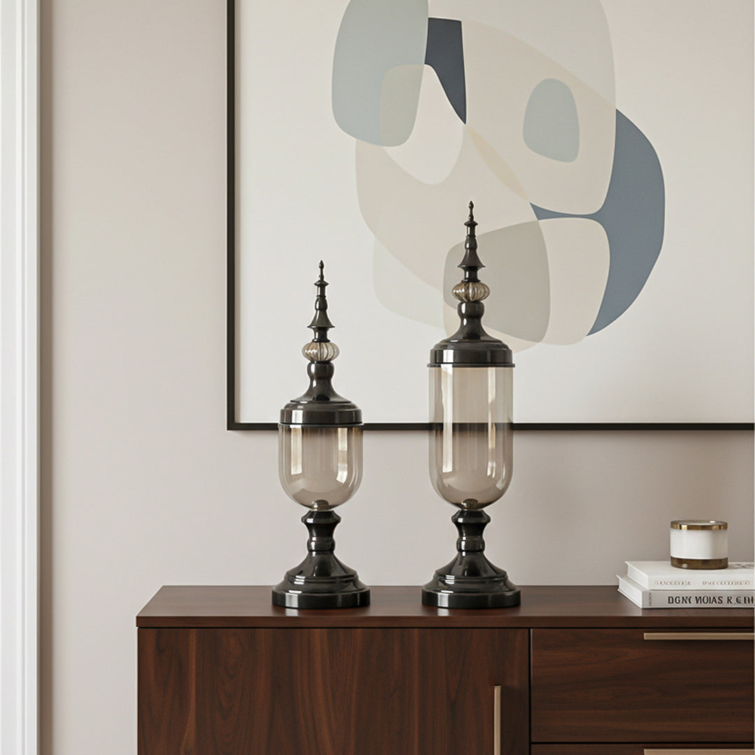 2x Clear Black Glass Vase with Lid Set