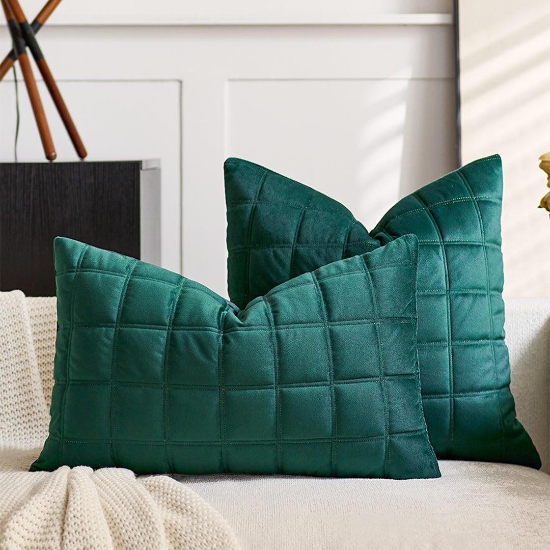 SOGA 30cm Green Velvet Quilted Grid Pattern Decorative Throw Pillow