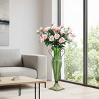 Green Glass Flower Vase with 8 Bunch 5 Heads Artificial Silk Rose Set