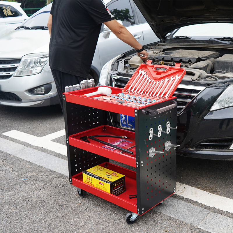 3 Tier Tool Storage Cart with Hooks Red