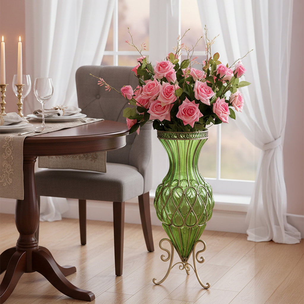 67cm Green Glass Floor Vase and 12pcs Pink Artificial Flower Set