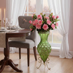 67cm Green Glass Floor Vase and 12pcs Pink Artificial Flower Set