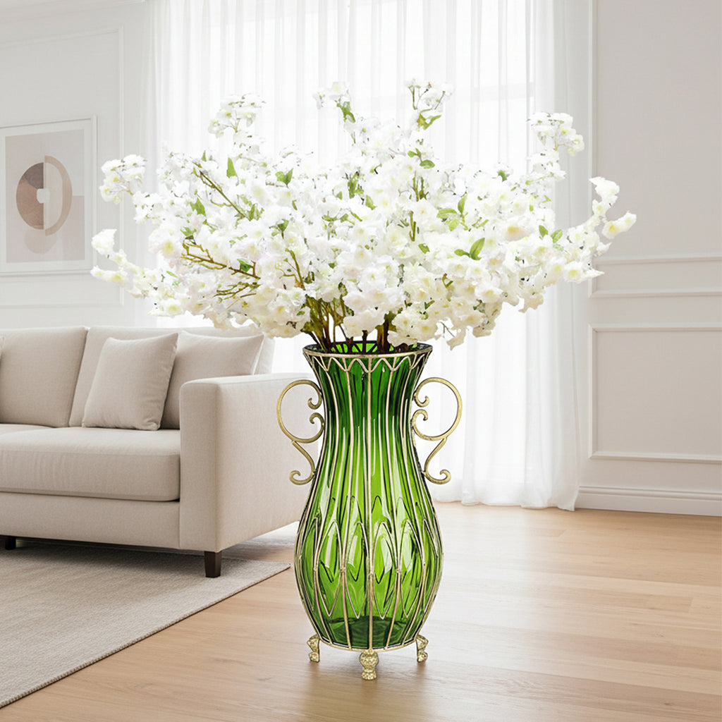 51cm Green Glass Floor Vase and 10pcs White Artificial Flower Set