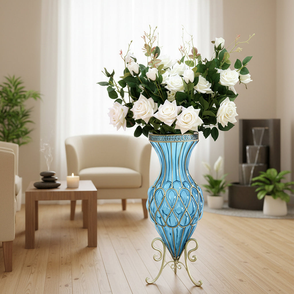 67cm Blue Glass Floor Vase and 12pcs White Artificial Flower Set