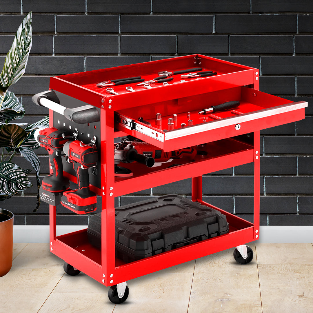3 Tier Tool Storage Cart with Drawer and Hooks Red