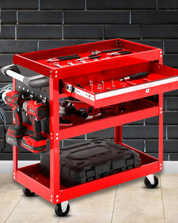 3 Tier Tool Storage Cart with Drawer and Hooks Red