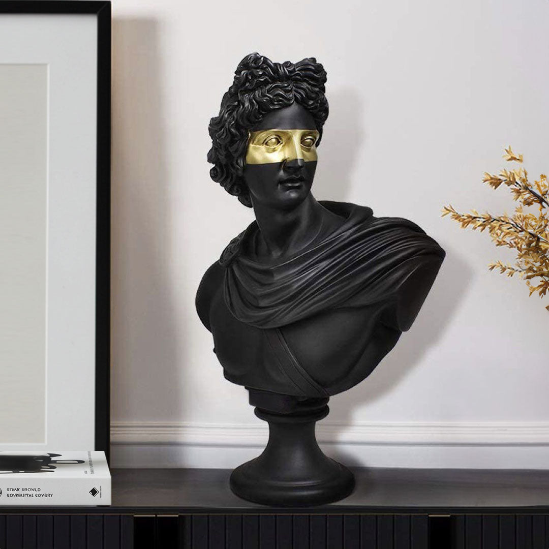 SOGA 40cm Black Classical Bust Resin Sculpture with Gold Eye Mask for Modern Home Décor