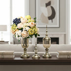 2x Clear Bronze Glass Vase with Lid and White Flower Set