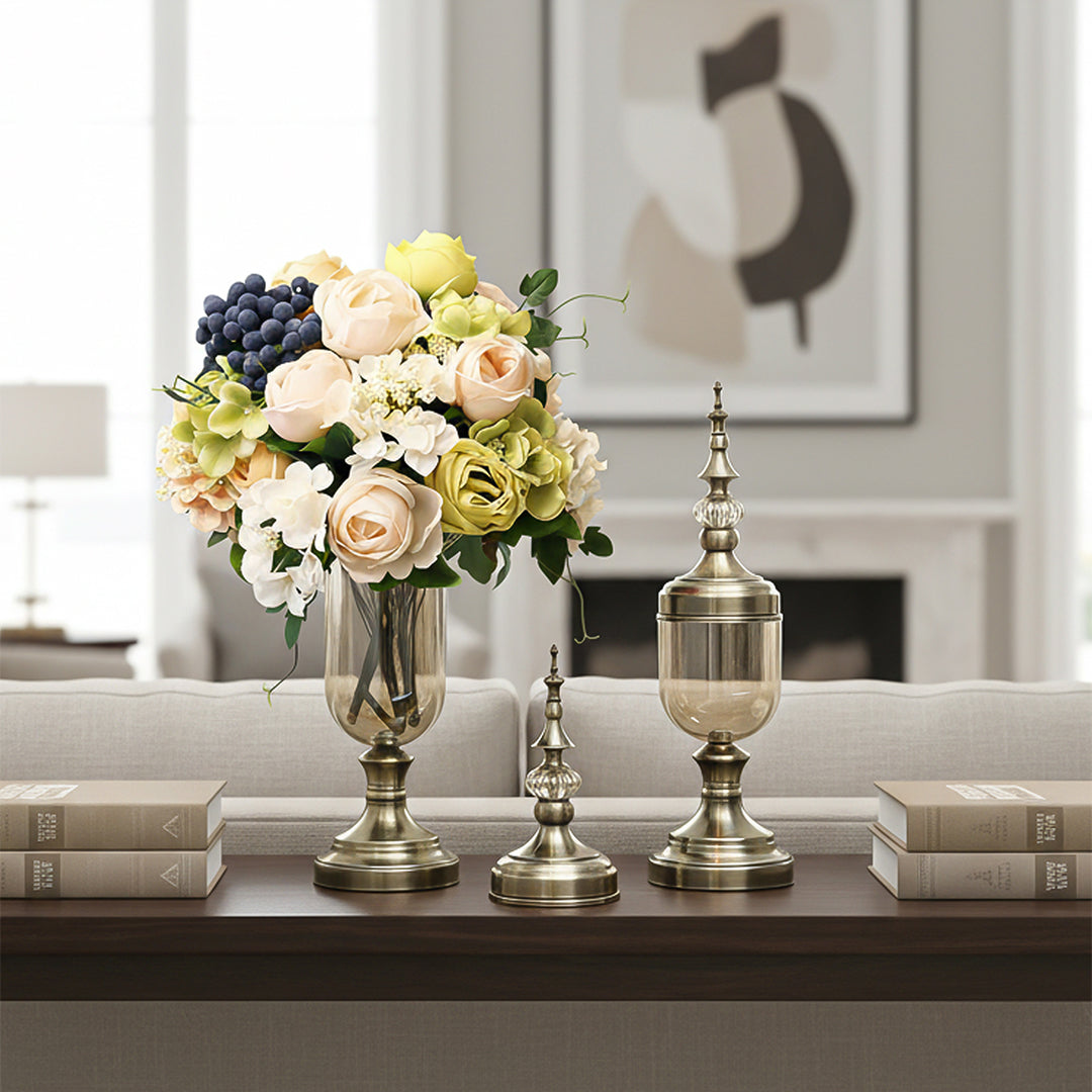2x Clear Bronze Glass Vase with Lid and White Flower Set