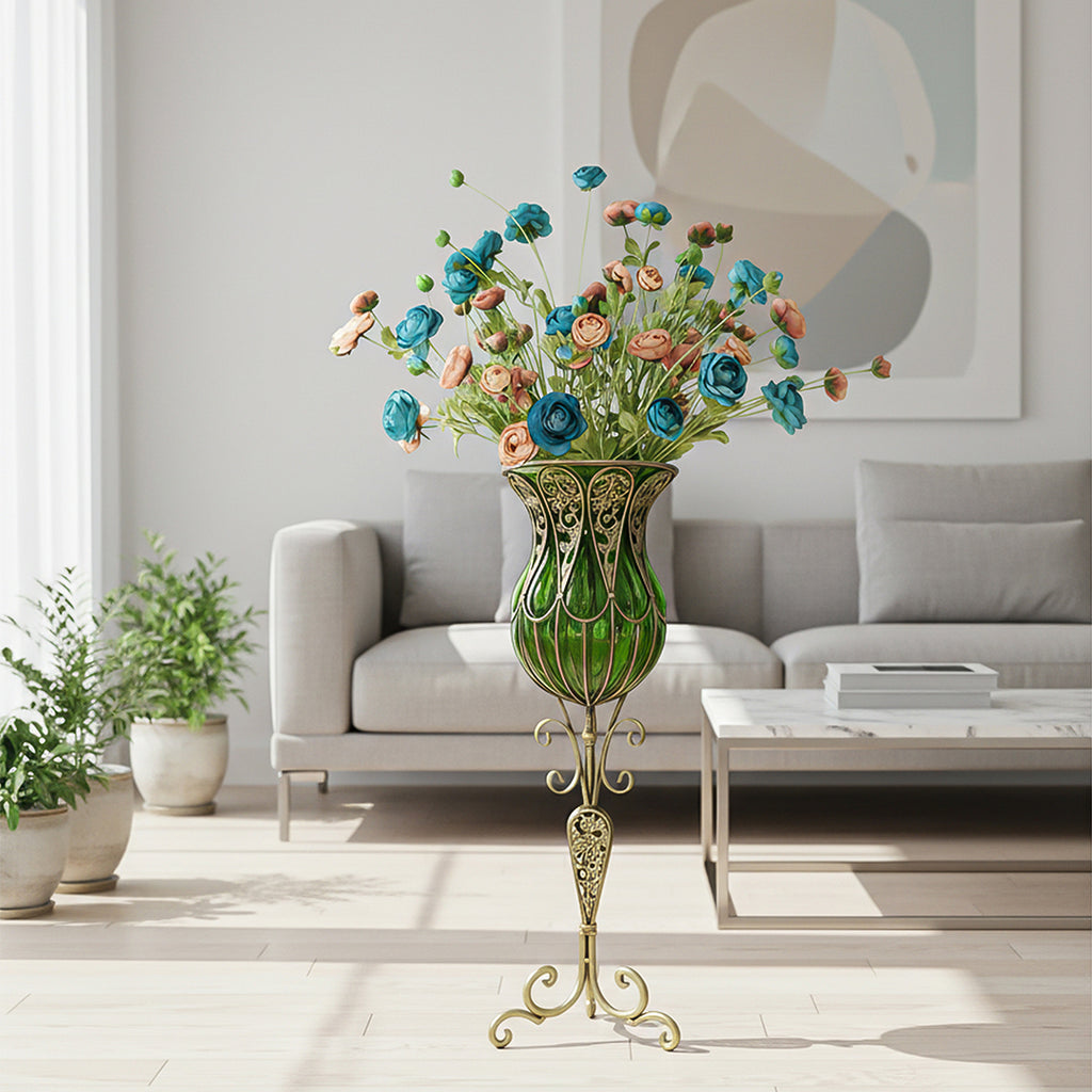 85cm Green Glass Floor Vase and 12pcs Blue Artificial Flower Set