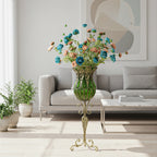 85cm Green Glass Floor Vase and 12pcs Blue Artificial Flower Set