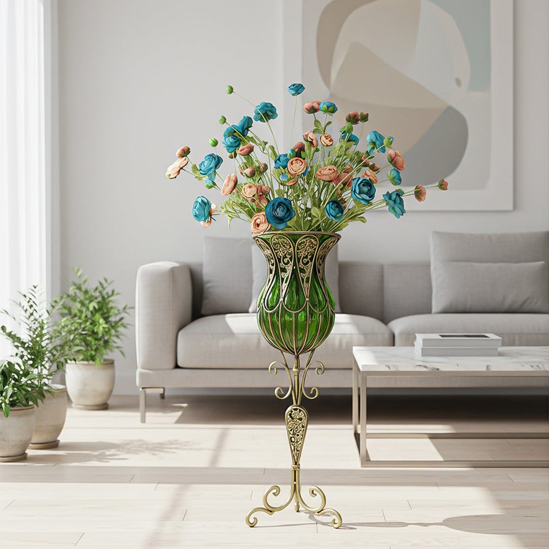 85cm Green Glass Floor Vase and 12pcs Blue Artificial Flower Set