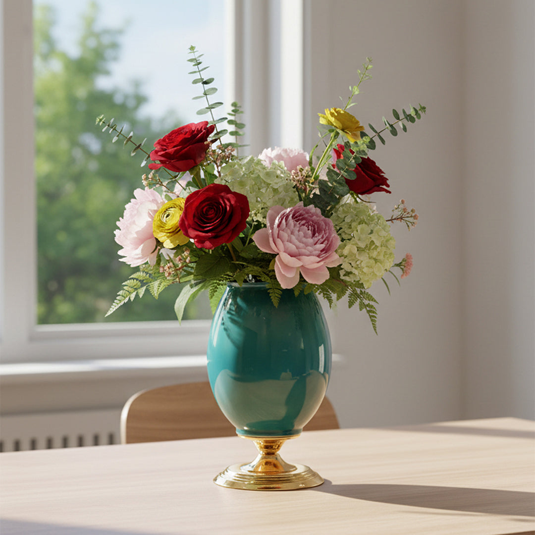 40cm Ceramic Vase with Gold Metal Base Green