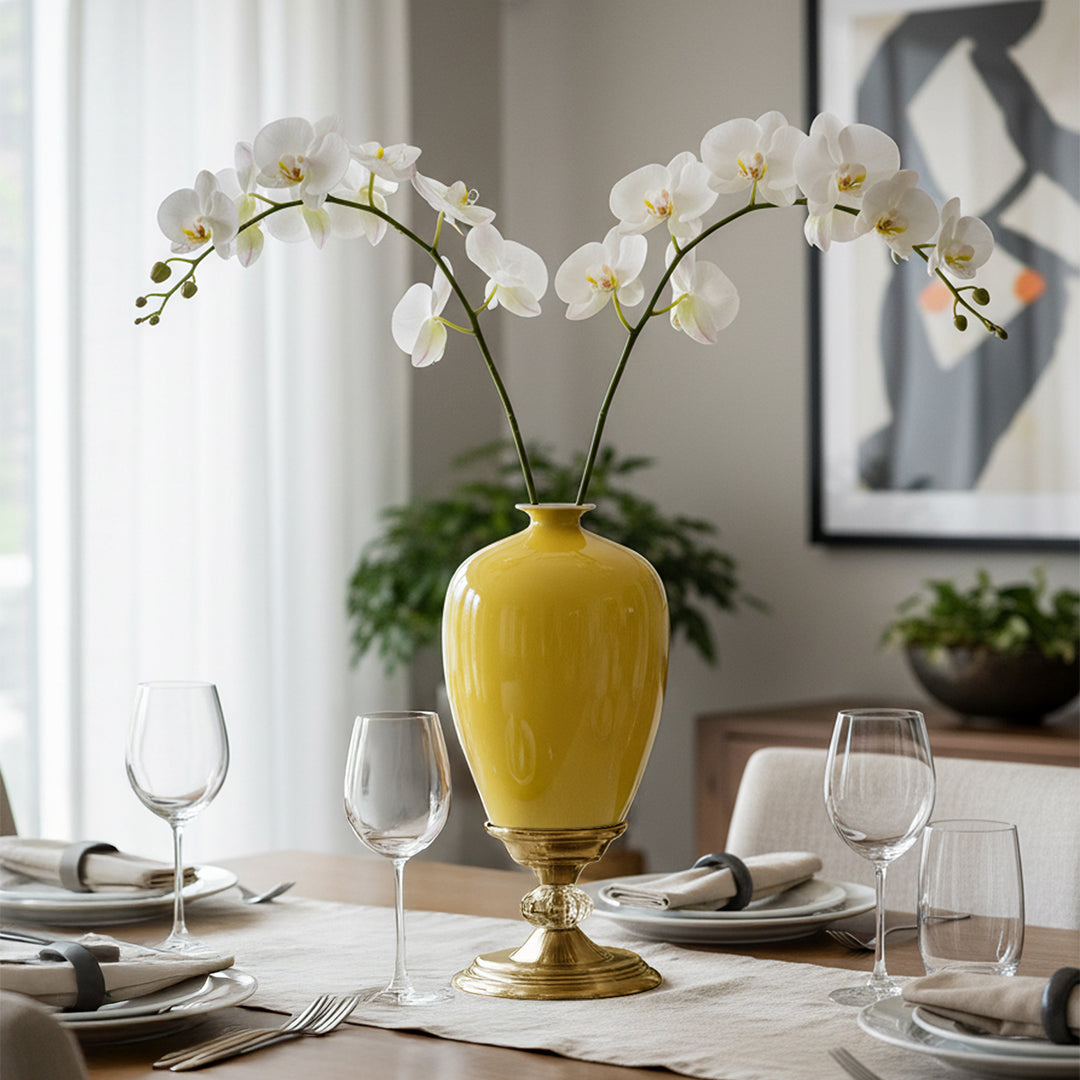 42cm Ceramic Vase with Gold Metal Base Yellow