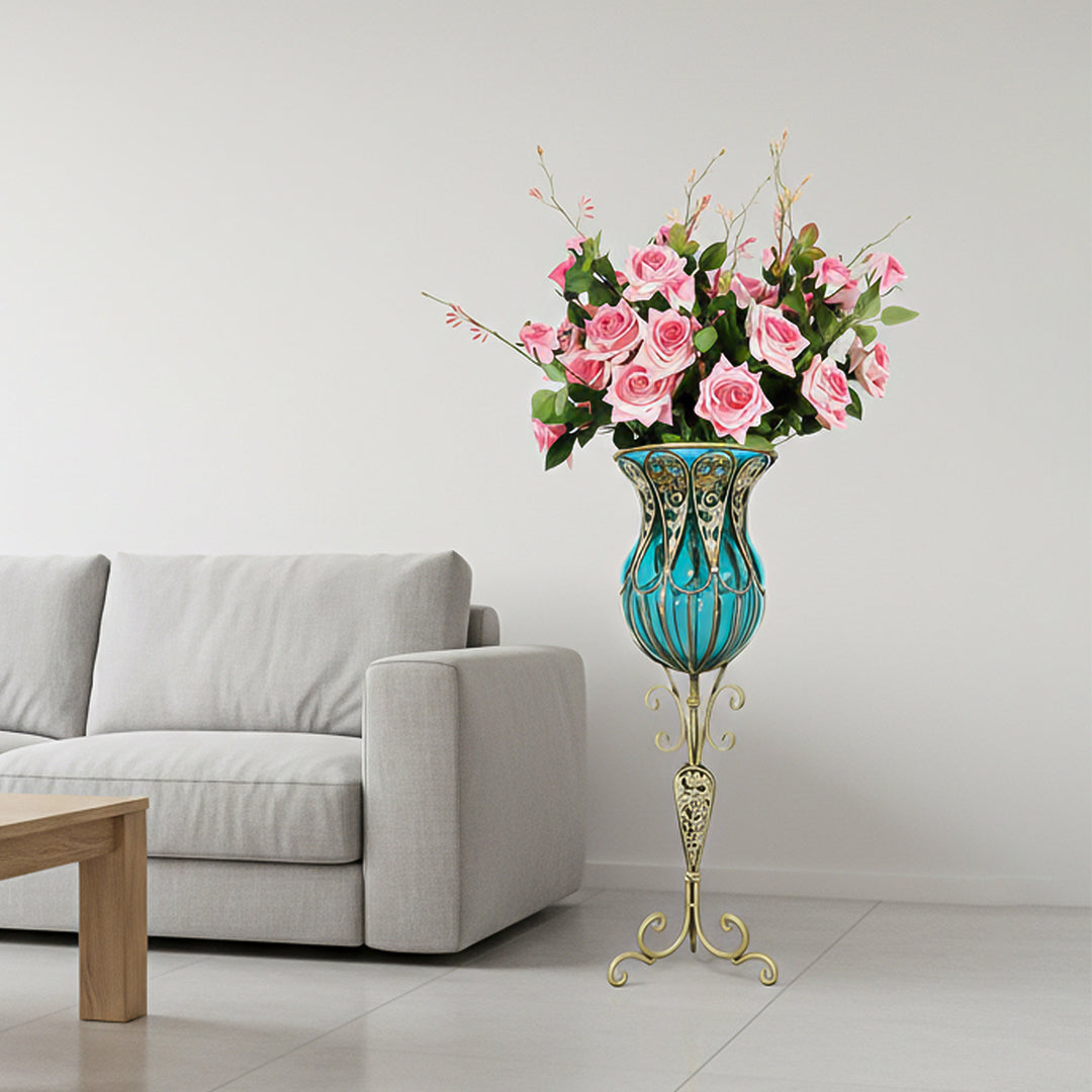 85cm Blue Glass Floor Vase and 12pcs Pink Artificial Flower Set