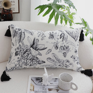 SOGA 35cm Throw Pillow  Black and White Floral Print Elegant with Tassel