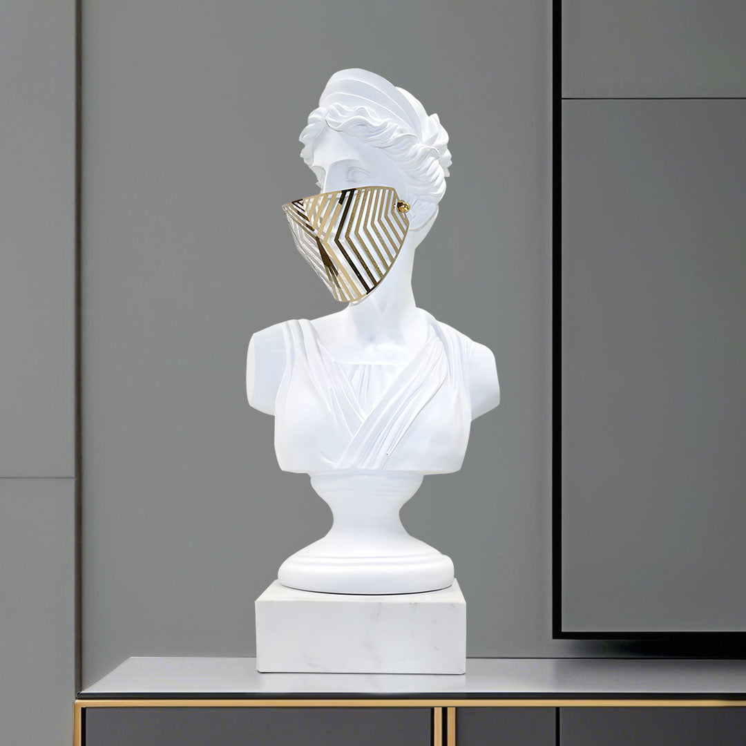 SOGA 45cm White Classical Bust Sculpture Resin with Gold Striped Mask for Modern Home Décor