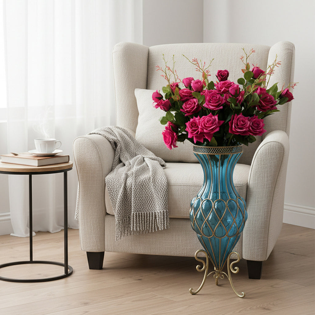 67cm Blue Glass Floor Vase and 12pcs Dark Pink Artificial Flower Set