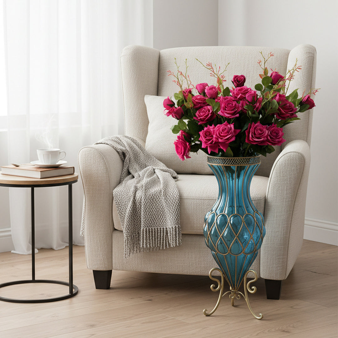 67cm Blue Glass Floor Vase and 12pcs Dark Pink Artificial Flower Set