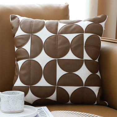 SOGA 45cm Brown Leather Square Pillow Half Moon Patchwork Design