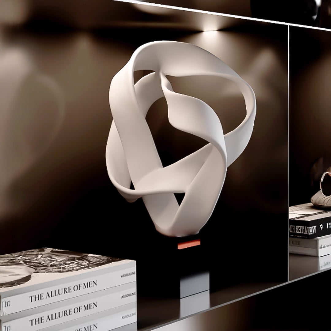 SOGA 41cm White Abstract Sculpture Loop-Inspired Art with Black Base