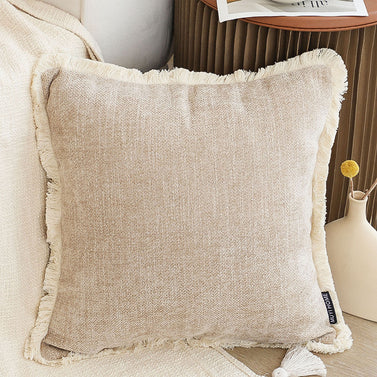 SOGA 45cm Milk Coffee Home Aesthetic Chenille Texture Tassel Square Throw pillow