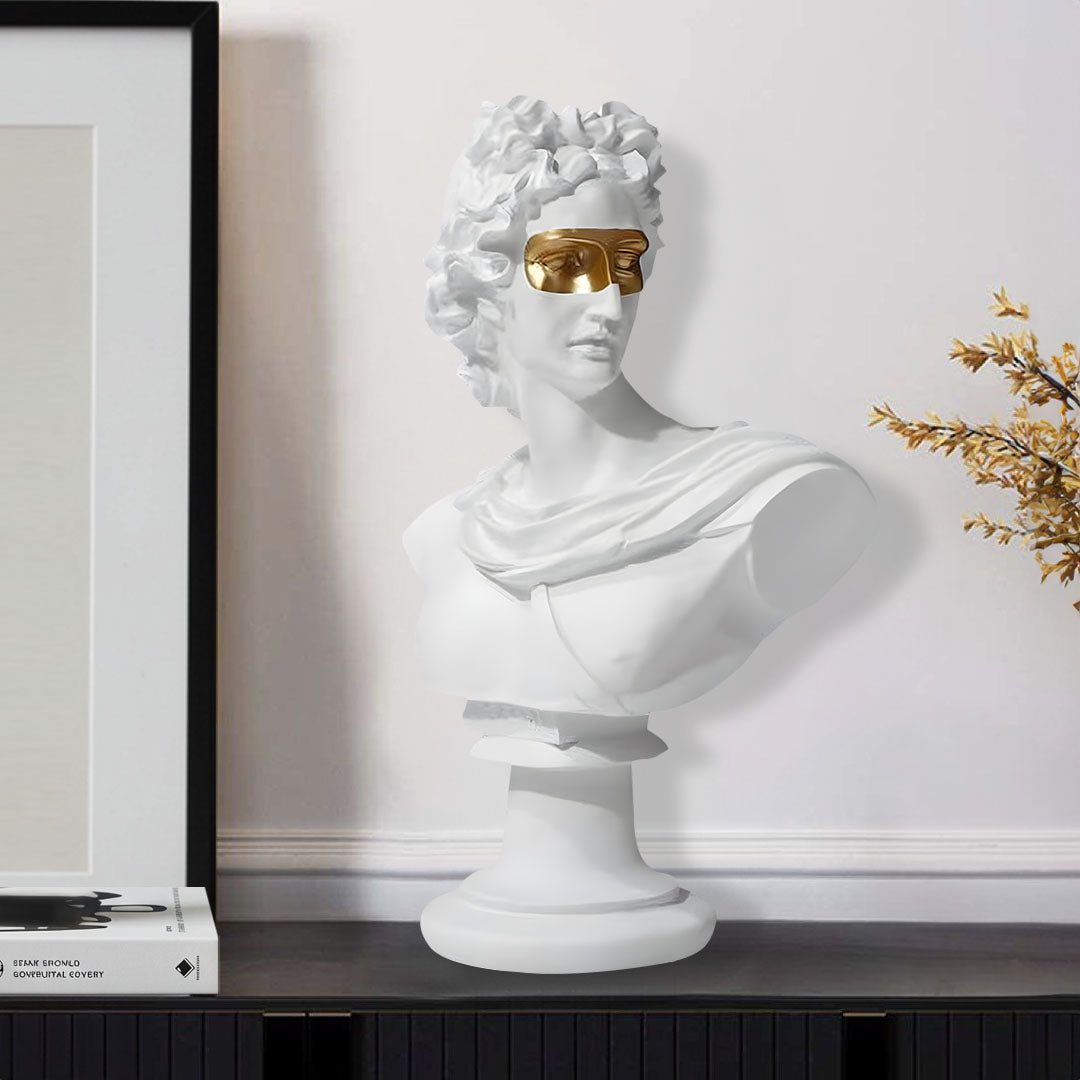 SOGA 40cm White Classical Bust Resin Sculpture with Gold Eye Mask for Modern Home Décor
