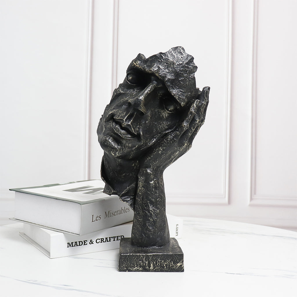 SOGA 29cm Black Resin Sculpture Resting Face on Hand Design Modern Art for Home Décor