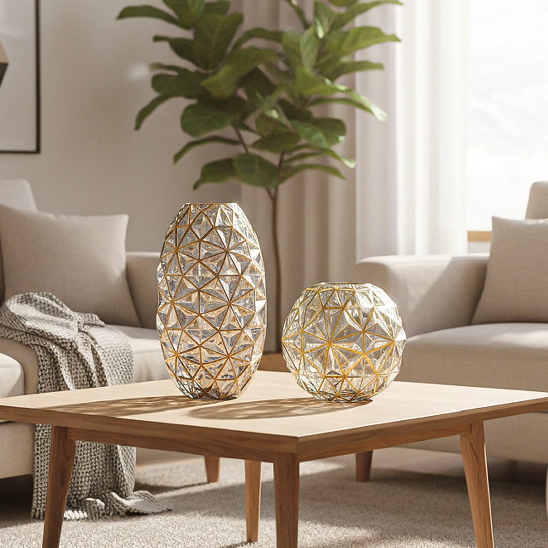 Grey Diamond Cut Glass Flower Vase with Gold Accent