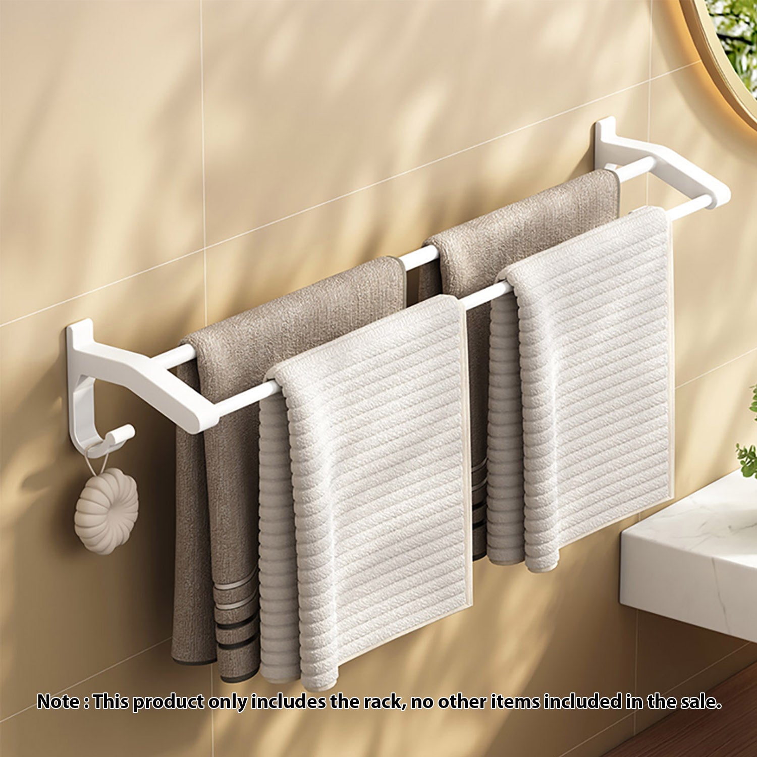 62cm White Wall-Mounted Double Pole Towel Holder with Hooks