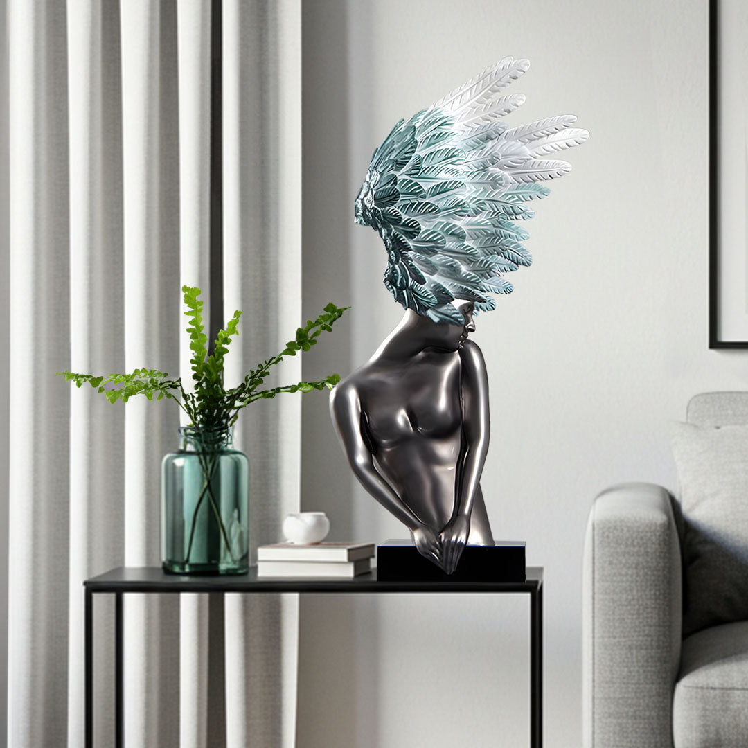 SOGA 86cm Silver Winged Figure Sculpture with Marble Base