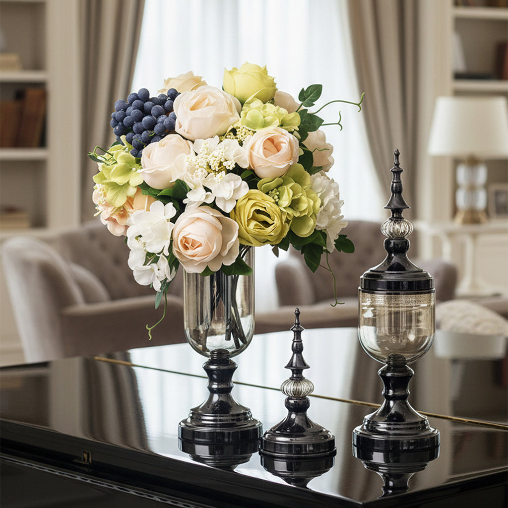 2x Clear Black Glass Vase with Lid and White Flower Set