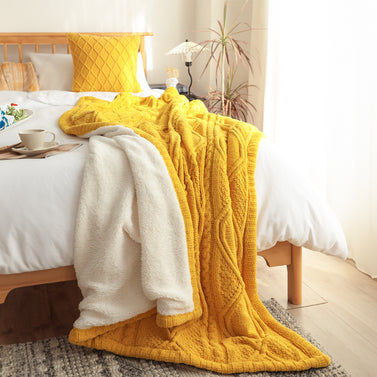 SOGA 200x230cm Throw Blanket Yellow and White Chenille Fleece Knitted Fabric