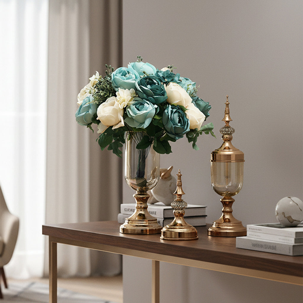 2x Clear Gold Glass Vase with Lid and Blue Flower Set