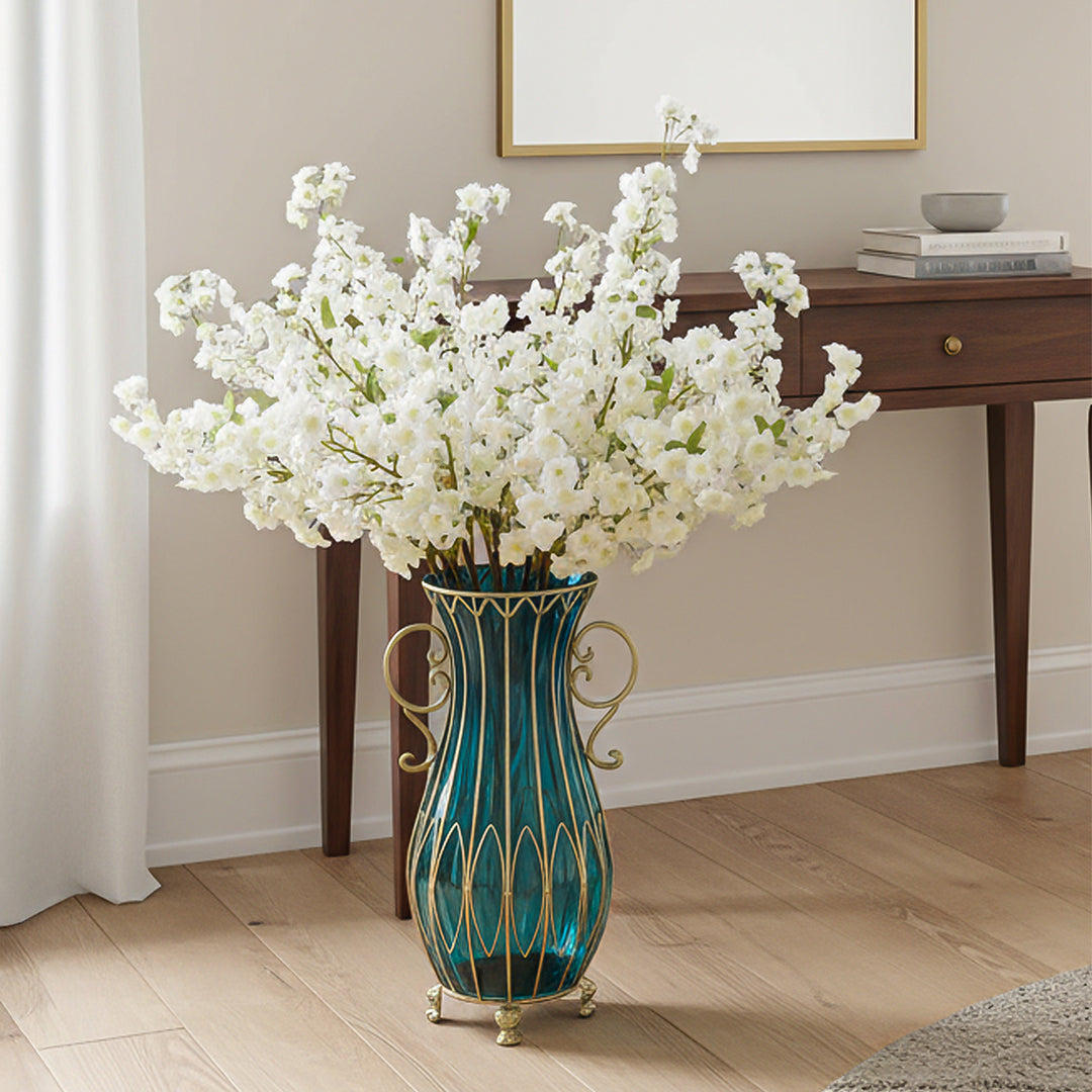 51cm Blue Glass Floor Vase and 10pcs White Artificial Flower Set