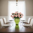 Green Glass Flower Vase with 4 Bunch 9 Heads Artificial Silk Rose Set