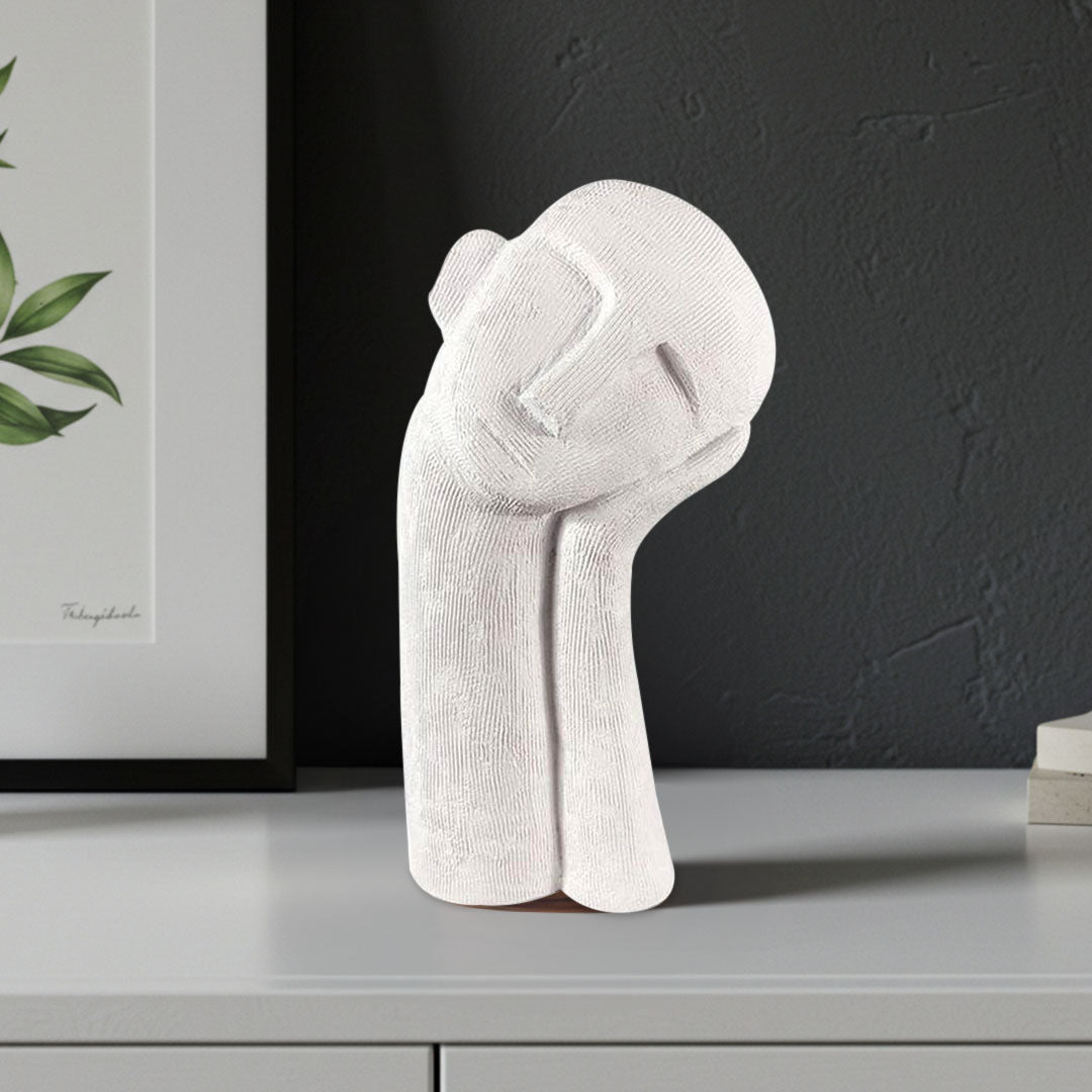 SOGA 38cm White Minimalist Head Resin Sculpture with Hand at Side and Linear Texture for Home Décor