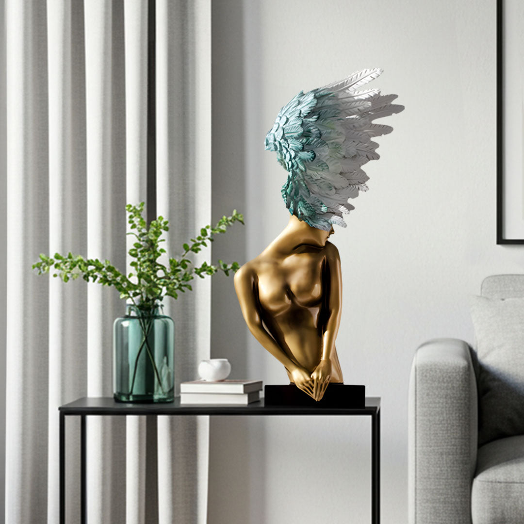SOGA 86cm Gold Bronze Winged Figure Sculpture with Marble Base