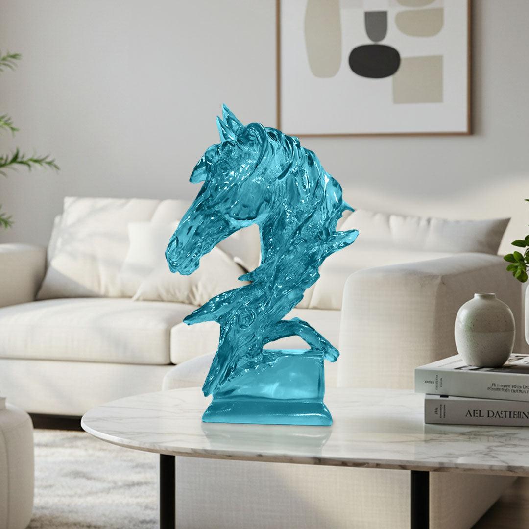 SOGA 37cm Blue Horse Head Resin Sculpture Flowing Mane Design Modern Art for Home Décor
